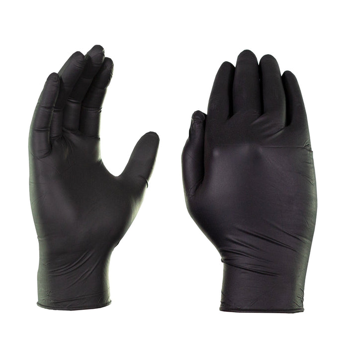 Front and Back of Hands Modeling Black Nitrile Exam Gloves