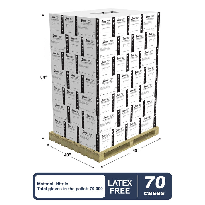 Stack of 70 Cases of 1EBN Black Nitrile 3 Mil Exam Gloves on a Pallet with Pallet Dimensions and Specs