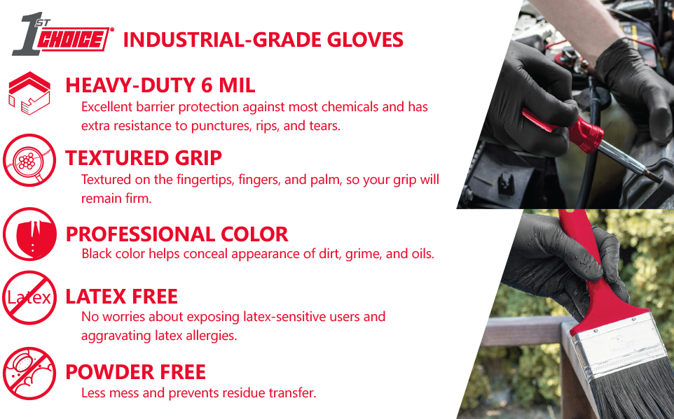 1st Choice 6 mil Black Nitrile Disposable Industrial Gloves - 1PBN