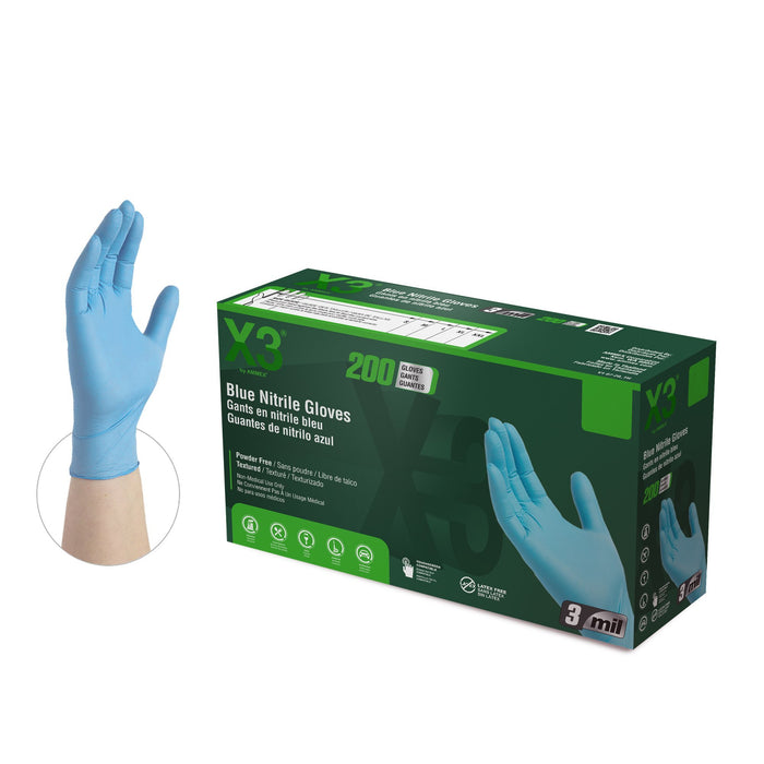 X3 3 mil Blue Nitrile Disposable Industrial Gloves - X3D