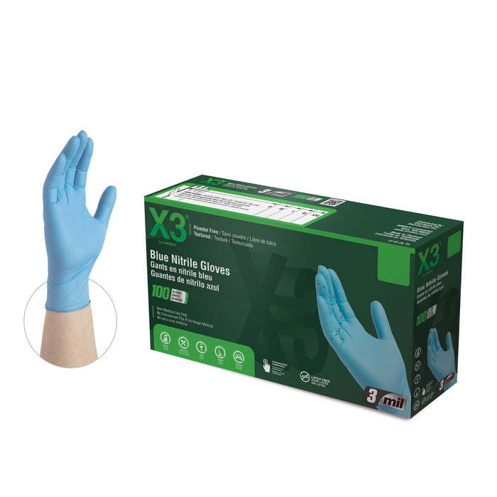 X3 3 mil Blue Nitrile Disposable Industrial Gloves - X3