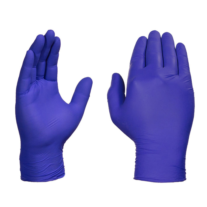 Front and Back of Hands Modeling Indigo Nitrile Exam Gloves 