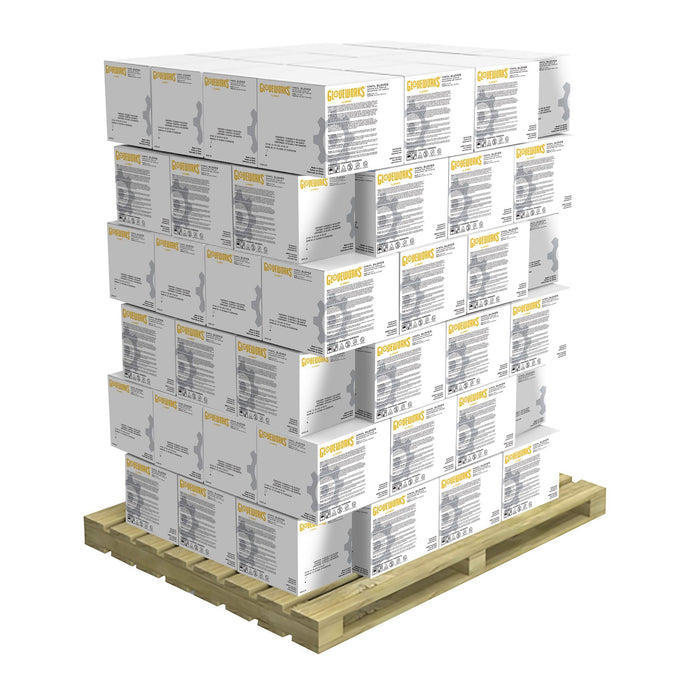 Stack of 90 Cases of IVPF Clear Vinyl 3 Mil Industrial Gloves on a Pallet