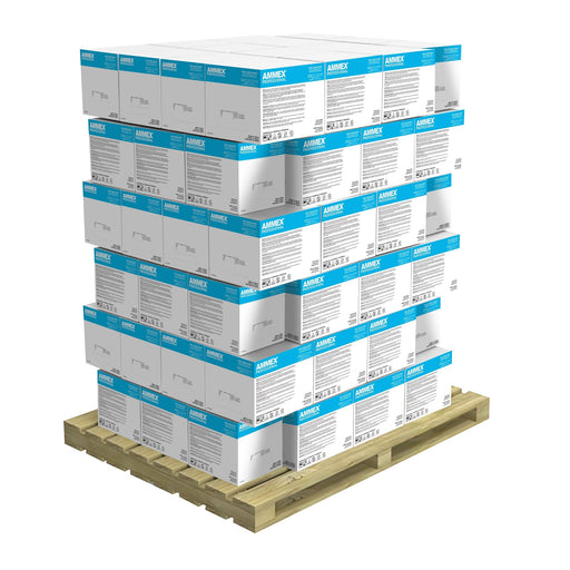 Stack of 90 Cases of VPF Clear Vinyl 3 Mil Exam Gloves on a Pallet