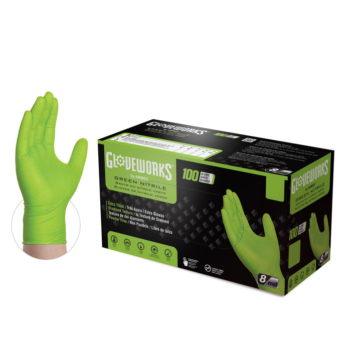 Gloveworks HD 8 mil Green Nitrile Disposable Industrial Gloves with Raised Diamond Texture - GWGN