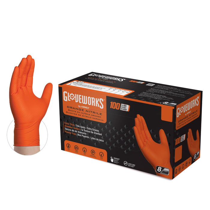 Gloveworks HD 8 mil Orange Nitrile Disposable Industrial Gloves with Raised Diamond Texture - GWON