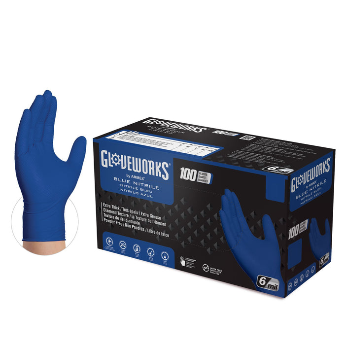 Gloveworks HD 6 mil Royal Blue Nitrile Disposable Industrial Gloves with Raised Diamond Texture - GWRBN