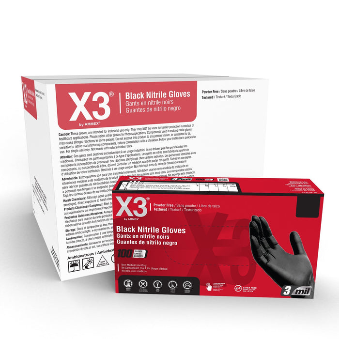 X3 3 mil Black Nitrile Disposable Industrial Gloves - BX3