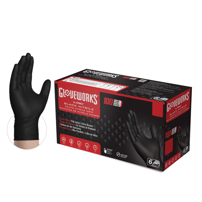 Gloveworks HD 6 mil Black Nitrile Disposable Industrial Gloves with Raised Diamond Texture - GWBN