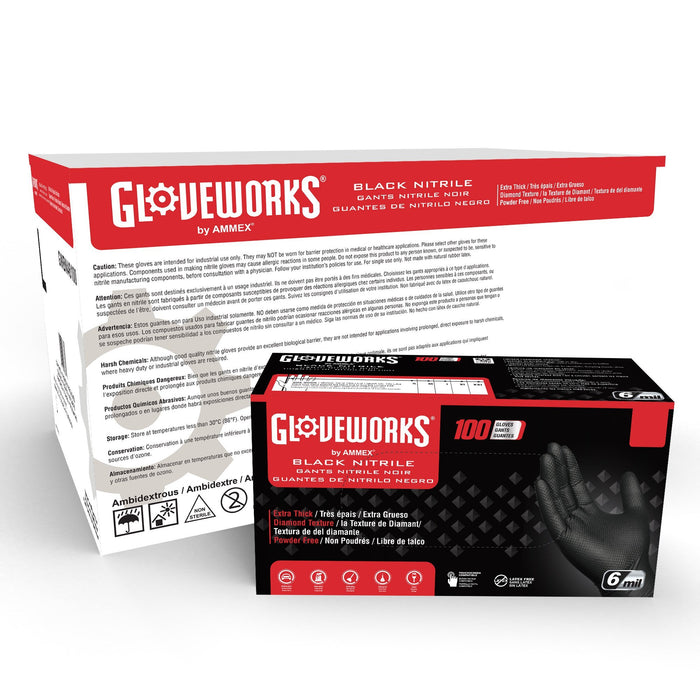 Gloveworks HD 6 mil Black Nitrile Disposable Industrial Gloves with Raised Diamond Texture - GWBN