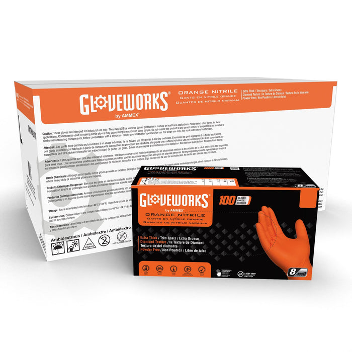 Gloveworks HD 8 mil Orange Nitrile Disposable Industrial Gloves with Raised Diamond Texture - GWON