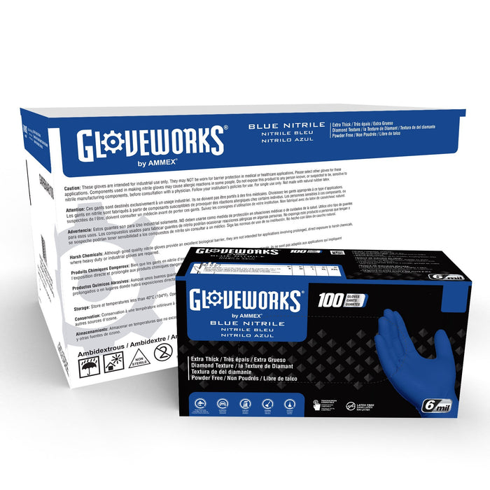 Gloveworks HD 6 mil Royal Blue Nitrile Disposable Industrial Gloves with Raised Diamond Texture - GWRBN