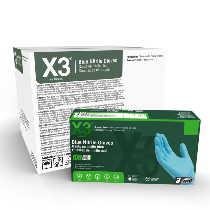 X3 3 mil Blue Nitrile Disposable Industrial Gloves - X3