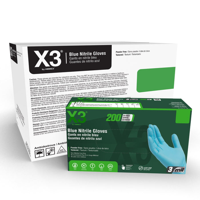 X3 3 mil Blue Nitrile Disposable Industrial Gloves - X3D